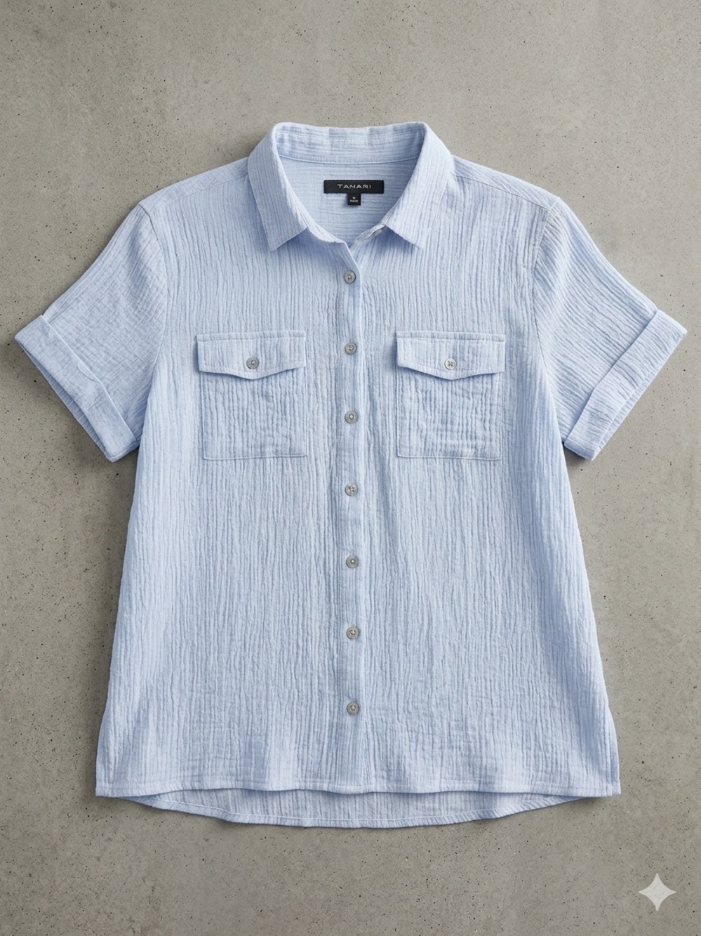 Tahari Pale Blue Short Sleeve Linen-Blend Button Shirt